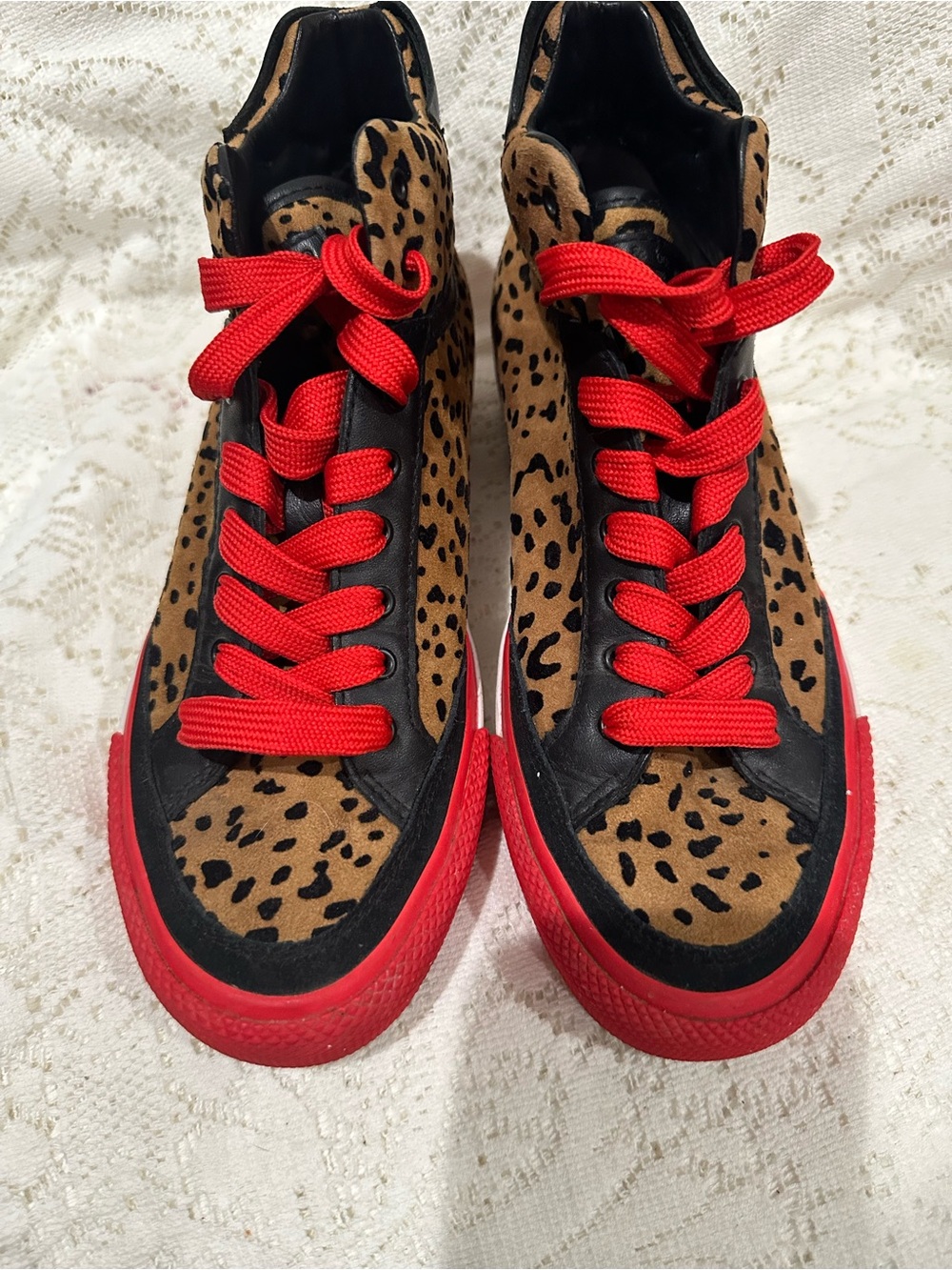 Rag and Bone women Leopard Print High-Top Sneakers with Red 37/ 6.5-7